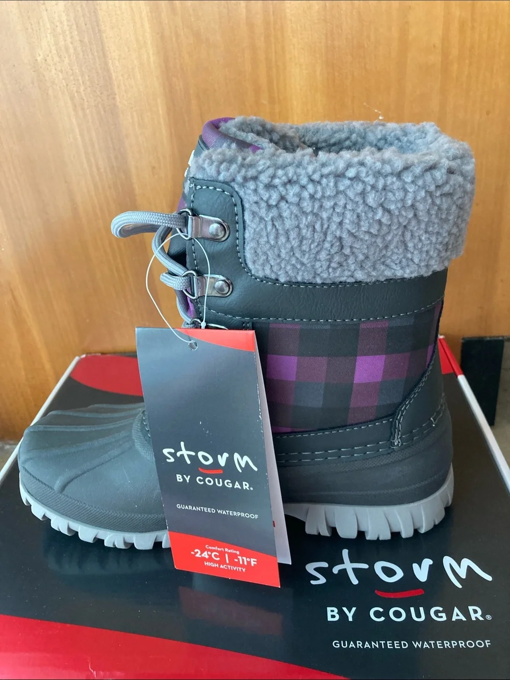 NWT Cougar Storm Gray and Purple Plaid Winter Boot -Size 7
